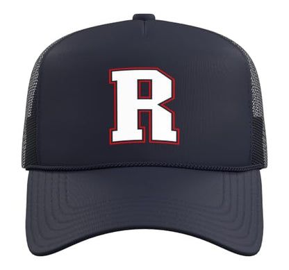 Initial R Monogram R Letter R Capital Alphabet Trucker Hat with Adjustable Mesh Back - color: Navy Blue