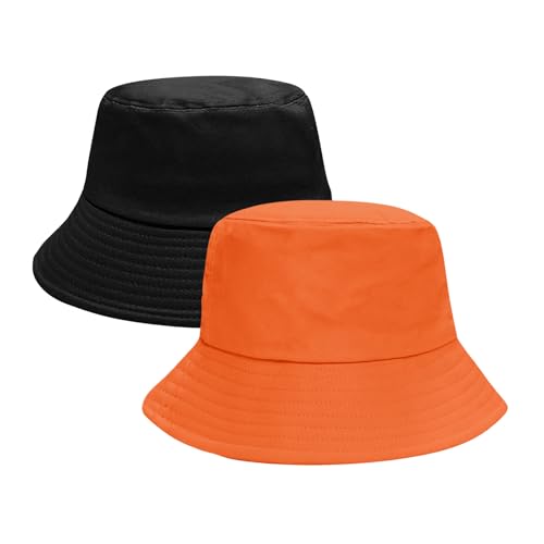 PFFY 2 Packs Bucket Hat for Women Men Cotton Hats Sun Beach Fishing Cap - color: Orange+black