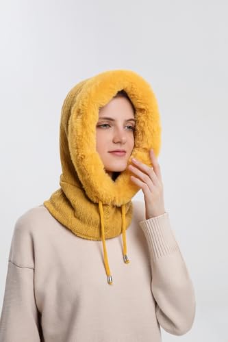Womens Winter Hats, Warm Hooded Scarf Hat for Women, Fleece Beanie Hat with Drawstring, Balaclava Knit Skull Cap - color: Ginger