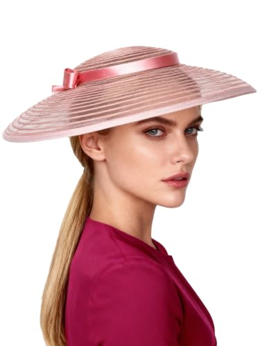 Vintage Fascinators Pillbox Hat for Women Straw Fedora Wide Brim Ladies Church Sinamay Derby Hats - color: Dark Pink