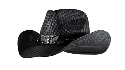 grinderPUNCH Straw Cowboy Hat for Men Women Western Cowgirl Outback Sun Hat - color: Black