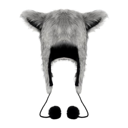 PURFUN Fuzzy Faux Fur Full Hood Trapper Hats with Animal Ear, Adults Halloween Cosplay Roleplay Cat Wolf Ear Hooded Hats - color: Grey