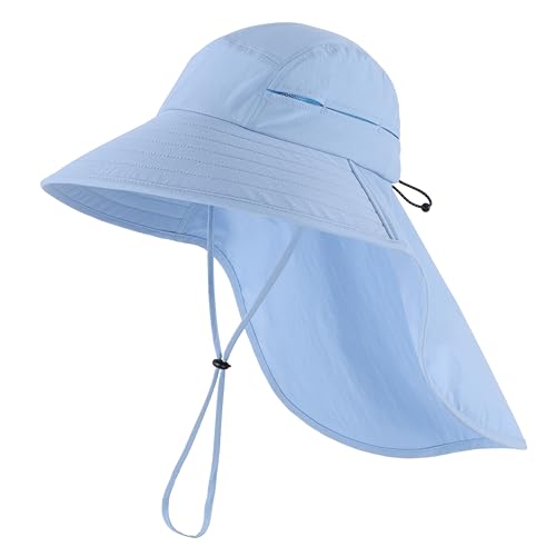 Home Prefer UPF 80+ Sun Hat for Men Women Wide Brim Sun Hat with Neck Flap Summer Beach UV Protection Gardening Fishing Hat - color: Soft Blue