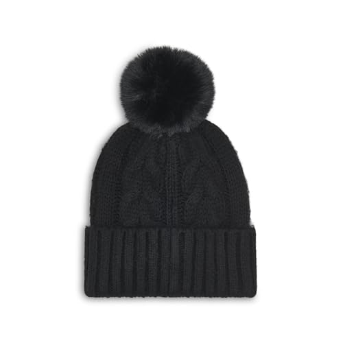 Calvin Klein Women's Cable Knit Beanie with Faux Fur Pom - color: Black