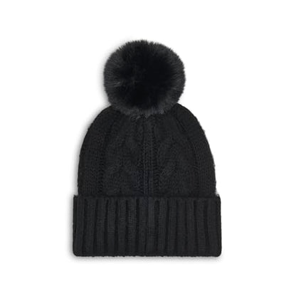 Calvin Klein Women's Cable Knit Beanie with Faux Fur Pom - color: Black