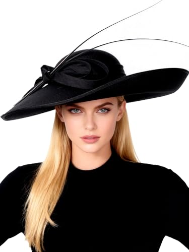 Big Wide Brim Fascinator Hats for Women Ladies Kentucky Tea Party Dress Flat Top Fedoras Hat with Bow Feather - color: Black