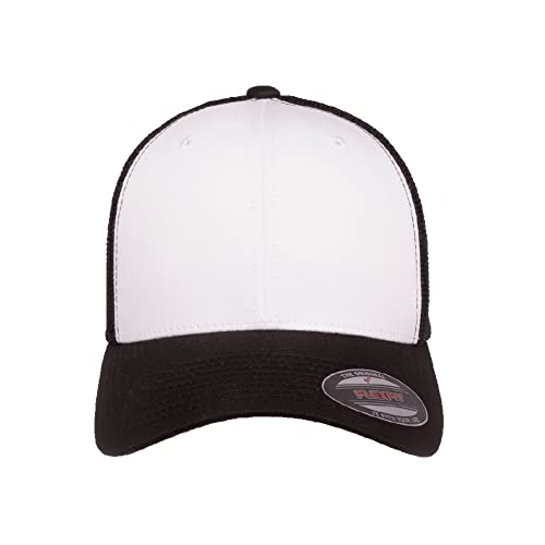 Flexfit 6511 Fitted Mid-Profile Stretchable Mesh Panels Trucker Cap - color: Black/White/Black, size: Large-X-Large