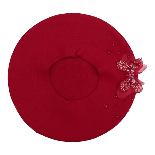 ZLYC Women French Beret Hat Reversible Solid Color Mosaic Warm Artist Cap - color: Butterfly Red