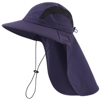 Home Prefer UPF 50+ Sun Hats for Men Women Wide Brim Fishing Hat with Neck Flap UV Protection Sunblock Safari Bucket Hat - color: Navy Blue