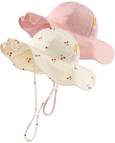 HONGTEYA Baby Sun Hat Muslin Wide Brim Toddler Girl Beach Bucket Hat - color: Pink/Cherry, size: 6-24 Months