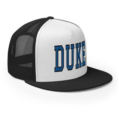 NG Duke Flat Bill Embroidered Trucker Hat High Crown Adjustable Cap - color: Black/ White/ Black