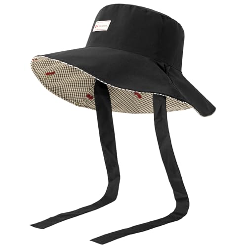 Women's Reversible Bucket Sun Hat with Cherries Embroidered Pattern, UPF 50+ UV Protection, Water Resistant for Beach Hiking - color: Black