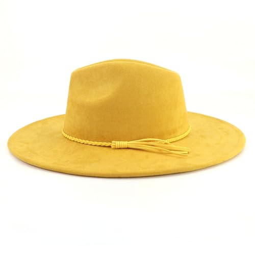 LIDHAY Big Wide Brim Fedora Hats for Women Men Western Suede Hat Large Felt Panama Hat Rancher Hat - color: Yellow