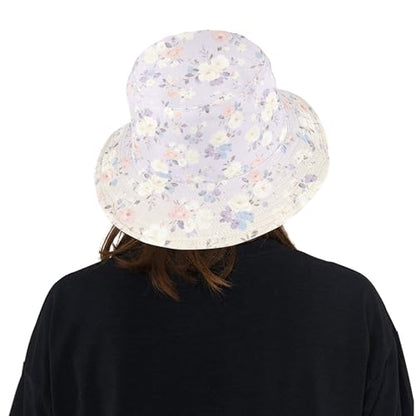 Lavender Floral Print Reversible Wide Brim Bucket Hat for Women