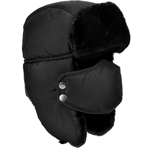 Unisex Winter Trooper Trapper Hat Warm Hats Hunting Hat with Ear Flaps - color: Black, Black Fur