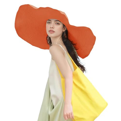 Women's Super Wide Brim Sun Hat - Extra Large Floppy Beach Bucket Hat, Foldable Summer Sun Protection Outdoor Travel Cap - color: Orange