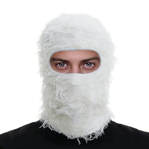 Distressed Ski Mask Balaclava, Yeat Shiesty Knitted Full-Face Mask - color: White