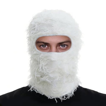 Distressed Ski Mask Balaclava, Yeat Shiesty Knitted Full-Face Mask - color: White