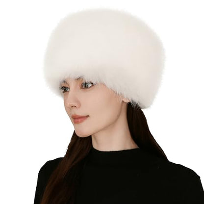 Women's Winter Faux Fur Cossack Russian Style Hat, Soft Stretch Warm Cap - color: White