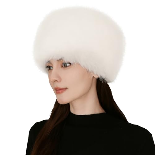 Women's Winter Faux Fur Cossack Russian Style Hat, Soft Stretch Warm Cap - color: White