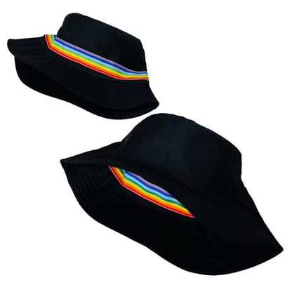 Pride Unisex Bucket Hat Reversible Double-Side-Wear Packable for Travel, Outdoors, and Beach - color: Black With Rainbow Band