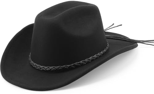 DRESHOW Western Cowboy Hat for Men Women Cowboy Cowgirl Hat Outdoor Wide Brim Retro Felt Fedora Hats Unisex Rolled up Caps - color: 1 Pack Style 8: Black