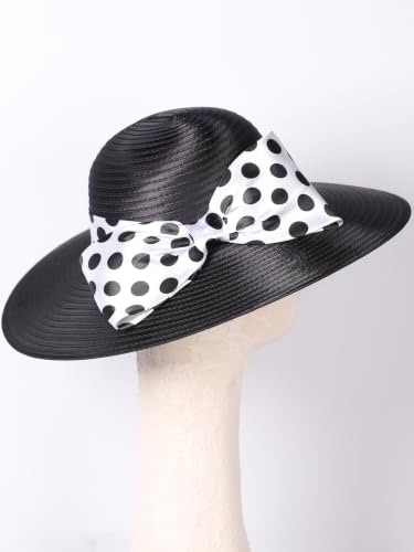 Women Wide Brim Rose Black Patchwork Kentucky Hat for Wedding Party Hat Big Bowknot Polka Dots Fedora Hats - color: Black
