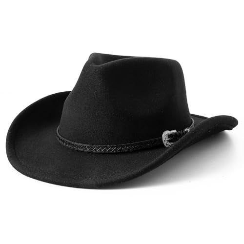 JOYEBUY Kids Western Cowboy Hat for Boys Girls Classic Fedora Hat Felt Cowboys Hats with Leather Buckle - color: Black