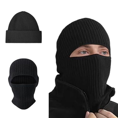 BROKIG 2 in 1 Balaclava Ski Mask Beanie Black Winter Knit Ski Face Mask - color: Black