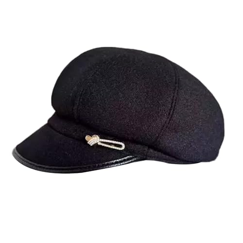 Women Retro Classic Visor Newsboy Cabbie Cap Beret Hats with Flower Buckle for Woman Ladies - color: 20black