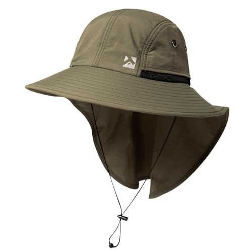 TOP-EX Oversized UPF50+ Sun Hat for Big Heads with Neck Flap & Wide Brim - color: Army Green, size: X-Large-XX-Large