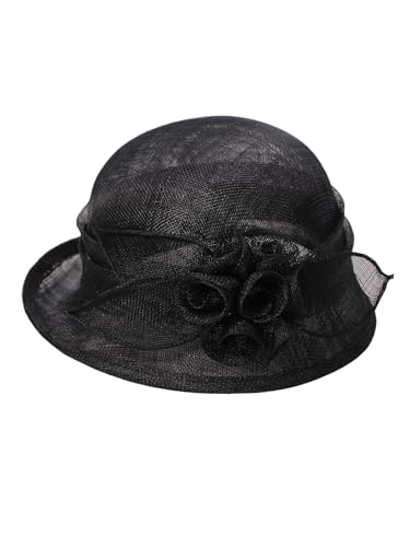 HIMESPORT Retro Sinamay Veil Flower Bride Wedding Fascinator Hat Feather Bowler Hat Hair Accessory Banquet Cocktail Party - color: Black