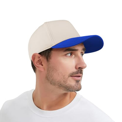 TOPTIE 5 Panel Trucker Hat Snapback Adjustable Cotton Sun Cap for Men - color: Royal Blue Beige