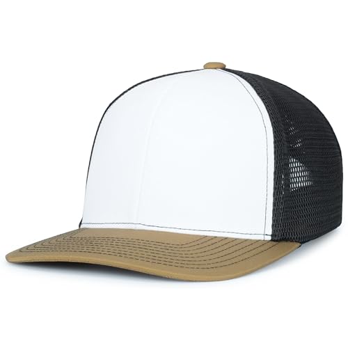 Pacific Headwear Contrast Stitch Trucker Pacflex Snapback Cap - color: White/Light Charcoal/Buck