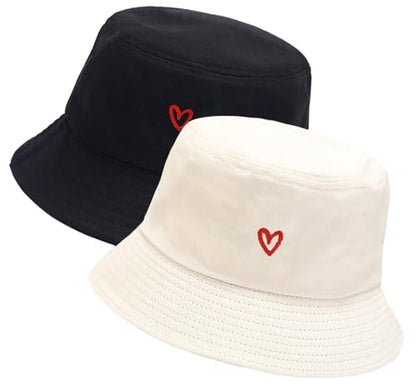 XYIYI 2 Pack Unisex Bucket Hat for Women Men Summer Beach Fishing Hat Sun Hat - color: Heart Black Beige