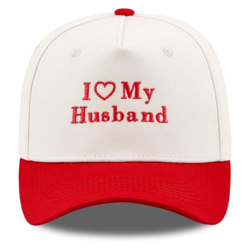 Funny Embroidered Trucker Hat, Vintage Two-Tone Cotton Baseball Cap for Men Women, Adjustable Dad Hat Gift Idea - color: I Love My Husband Heart, Red/Beige
