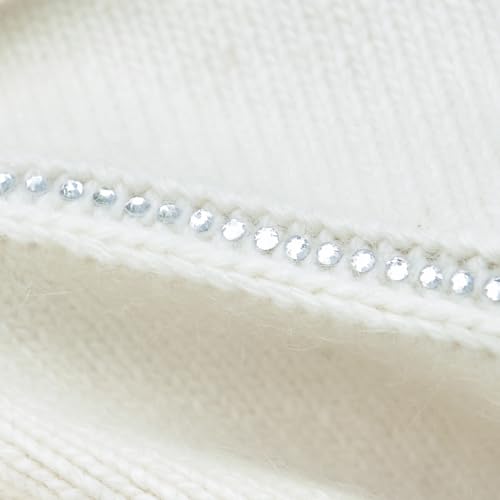Women's Knitted Angora Wool Hat for Autumn and Winter Warm and Stylish with Rolled Brim and Slanted Rhinestones Cap - color: New-white