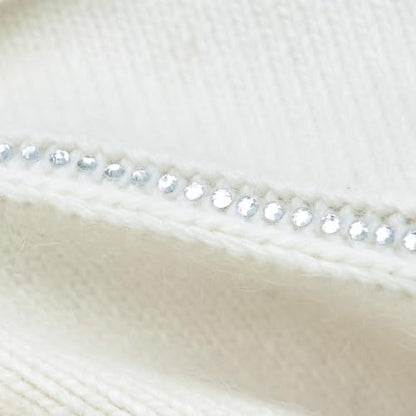 Women's Knitted Angora Wool Hat for Autumn and Winter Warm and Stylish with Rolled Brim and Slanted Rhinestones Cap - color: New-white