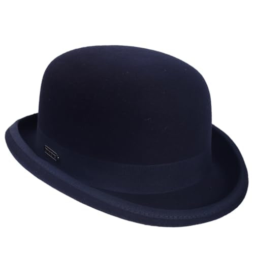 Men's Wool Fedora Hats Women Felt Bowler Derby Hat with Feather - color: Navy, size: Large