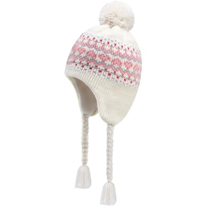 Winter Peruvian Hat Earflap Fleece Lined Girls Knit Beanie 3-10T - color: 3a-patternwhite, size: 6-10 Years