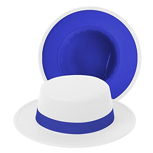 Classic Fedora Hat Two Tone Flat Top Hat with Band Wide Brim Pork Pie Hat Adjustable Patchwork Colors Panama Hat - color: White-blue