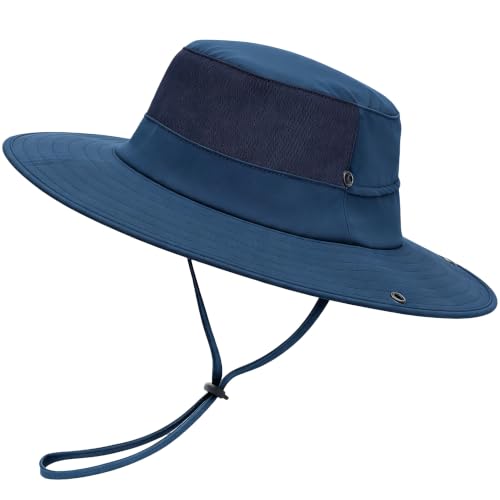 Cooling Sun Bucket Hat, UPF 50+ Wide Brim Boonie Hat with Ponytail Hole - color: 01 Navy Blue