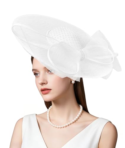 dressfan Wide Brim Fascinator Hats for Women,20s Linen Rhinestones Bow Big Hat for Derby Church Wedding Tea Party - color: White