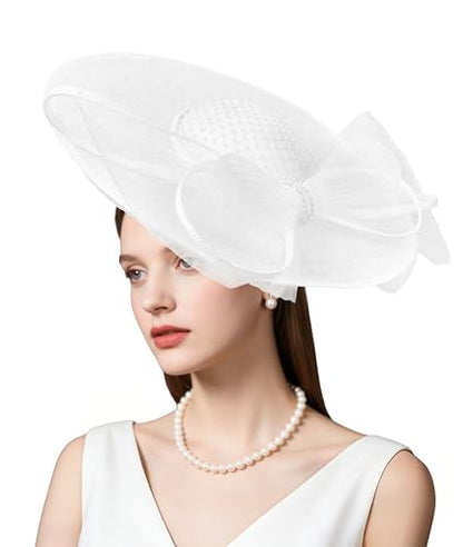 dressfan Wide Brim Fascinator Hats for Women,20s Linen Rhinestones Bow Big Hat for Derby Church Wedding Tea Party - color: White