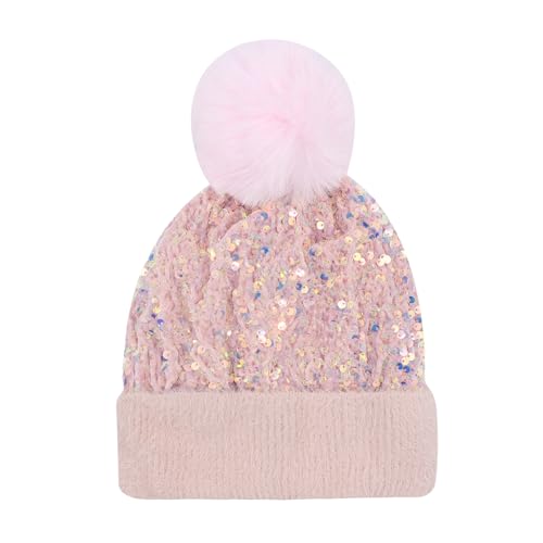 Women Sparkly Sequins Knitted Beanie Hat Warm Winter Skull Cap with Faux Fur Pom Pom - color: Light Pink