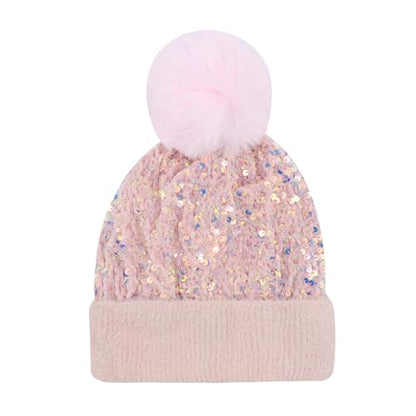 Women Sparkly Sequins Knitted Beanie Hat Warm Winter Skull Cap with Faux Fur Pom Pom - color: Light Pink