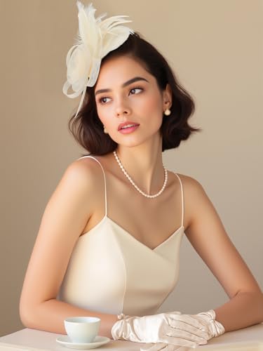 2Pcs 50s Fascinators Hats for Women Wedding Cocktail Flower Mesh Ribbons Feathers Church Tea Party Hats and Lace Glove - color: Champagne