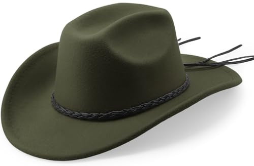 DRESHOW Western Cowboy Hat for Men Women Cowboy Cowgirl Hat Outdoor Wide Brim Retro Felt Fedora Hats Unisex Rolled up Caps - color: 1 Pack Style 9: Army Green With Braided Band