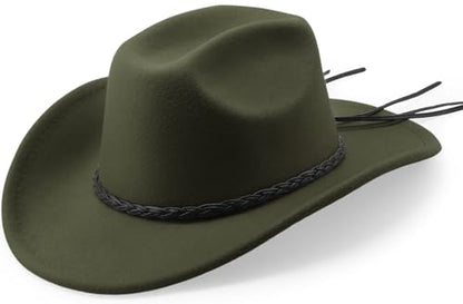 DRESHOW Western Cowboy Hat for Men Women Cowboy Cowgirl Hat Outdoor Wide Brim Retro Felt Fedora Hats Unisex Rolled up Caps - color: 1 Pack Style 9: Army Green With Braided Band