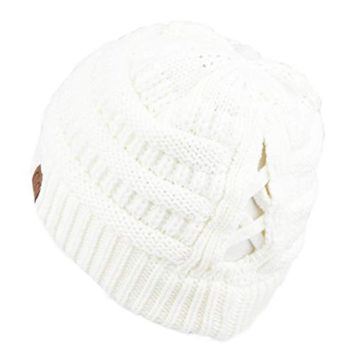 C.C Exclusives Soft Stretch Cable Knit Messy Bun Ponytail Beanie Winter Hat for Women (MB-20A) - color: 0 Criss-cross Ivory